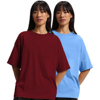 JUNEBERRY Pure Cotton Drop Shoulder Oversized Baggy Fit Half Sleeve Plain Solid Round Neck Multicolor T-Shirt for Women & Girls (Pack of 2) (PO2_OS_JB_AB_MR_L)