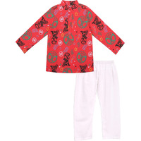 Bold N Elegant Cotton Bandej Bandhani Little Krishna Kanha Ethnic wear Kurta Pyjama Set for Infant Toddler Boys (3-4 Years Red-White)