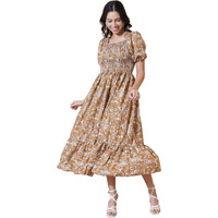 KZULLY | Elegance Smocked A-line Midi Dress - Superior Comfort & Chic Style Mustard