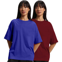 JUNEBERRY Pure Cotton Drop Shoulder Oversized Baggy Fit Half Sleeve Plain Solid Round Neck Multicolor T-Shirt for Women & Girls (Pack of 2) (PO2_OS_JB_RB_MR_XL)