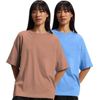 JUNEBERRY Pure Cotton Drop Shoulder Oversized Baggy Fit Half Sleeve Plain Solid Round Neck Multicolor T-Shirt for Women & Girls (Pack of 2) (PO2_OS_JB_AB_CR_XL)