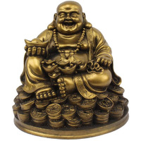 Petrichor Fengshui Laughing Buddha Sitting on Luck Money Coins Carrying Golden Ingot for Good Luck & Happiness (5 Inches) - Home Deocration & Gifting