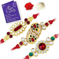 Sukkhi Rakhi Glorious Kundan Rakhi Combo & Designer Gold Plated Premium Rakhi for Brother, Roli Chawal & Greeting Card|Rakhi for Bhaiya|Rakhi for MEN|Kundan Rakhi|Rakhi Combo-Set of 3 |CB73452)