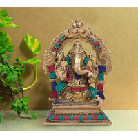 Artvarko Brass Ganesha Bhagwan Murti Sitting On Singhasan Ganesh Ganpati Decorated with Multicolored Stone for Gift Home Dcor Height 7 Inches