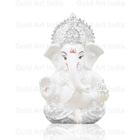 Gold Art India Silver Finish Ganesh Idol For Car Dashboard Ganesha Murti Ganpati Idol For Home Decor Puja Lord Ganesh Statue Gift For Office Desk Puja Room Figurine