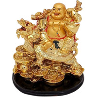 GJ Polyresin Laughing Buddha on Dragon; 10x 13x 8 cm; Gold; 1 Showpiece; Buddha; Dragon