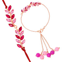 Mahi Light and Dark Pink Leafe Shape Crystals Rakhi Combo for Bhaiya and Bhabhi (RCOL1105340M) For Unisex Adult.