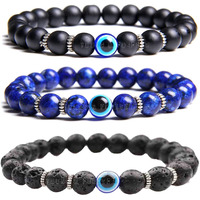 Young & Forever Gift Valentine Gift Rakhi Gift For Brother Reiki Infused Handmade Chakra Bracelets Evil Eye Bracelet Lava Rock Lapis Lazuli, Matt Onyx Healing Crystal Bracelet For Men (Pack Of 3)