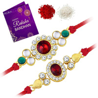 Peora Mens Thread Beautiful Kundan Beads Raksha Bandhan Rakhi with Chawal Roli Greeting Card (Combo Pack of 2)