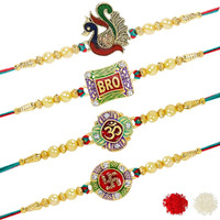 Riddhika Ventures Fabulous Gold Plated Meenakari Rakhi (Set of 4) with Roli Chawal and Greeting Card (P4P5P6P7)