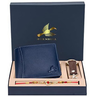 HORNBULL Rakhi Gift Hamper for Brother | Themes Navy Mens Leather Wallet, Keyring and Rakhi Combo Set for Brother | Rakhi with Wallet