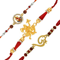 Mahi Combo of 3 Spiritual Hanuman, Ganesha and Om Rakhi Combo with rudraksha and Crystal for Beloved Brother (Bracelet) RCO1104772G For Men