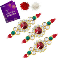 Peora Beautiful Kundan Beads Raksha Bandhan Rakhi Bracelet with Chawal Roli, Greeting Card for Brother (Combo Pack of 2) For Men