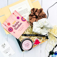 SINCE 7 STORE Rakhi Gift Hamper for Sister - Includes 6 products Metal Pen which says Worlds Best Sister, 2 Scrunchies, Keychain, Scented Jar Candle, and Heartfelt Note from Brother