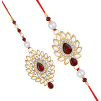 Mahi Gold Plated Red & White Crystals and Beads Leaf Shape Rakhi for Men and Women (RCLO1105435G)