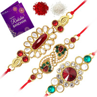 Peora Royal Kundan and Crystal Gold Rakhi ( Bracelet ) for Brother, Combo Set of 3 with Raksha Bandhan Greeting Card and Roli Chawal For Men