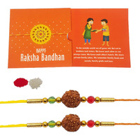 iberrys Rakhi Gift Pack with Set of 2 Rudraksh Rakhi, Greeting Card and Roli Chawal for Brother| rakhi for brother with Branded Packaging