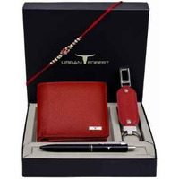 URBAN FOREST Rakhi Gift Hamper for Brother - Classic Red Mens Leather Wallet, Red Keyring, Pen and Rakhi Combo Gift Set for Brother - 4738