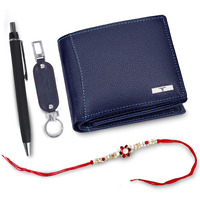 URBAN FOREST Rakhi Gift Hamper for Brother - Classic Blue Mens Leather Wallet, Blue Keyring, Pen and Rakhi Combo Gift Set for Brother - 4699