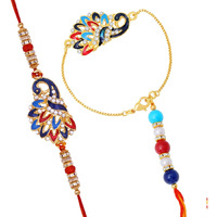 Mahi Peacock Shaped Meenakari Work Multicolor Rakhi Combo with Beads and Crystals for Bhai and Bhabhi (RCOL1105341M)