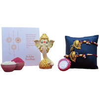 Gold Art India Ganesha & Free Rakhi Gift for Brother Rakhi Combo Set for Bhaiya and Lumba for Bhabhi with Roli and chawal, Silver Plated Coin,Greeting Card, Bhaiya Bhabhi Rakhi