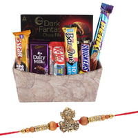 Astonished Retail Surprise Chocolate Gift for Your Loved Ones with Designer Basket | Flower Rakhi with Chocolate for Brother | Rakhi Chocolate Hamper | Roli, Chawal, Chandan, Misri | 244