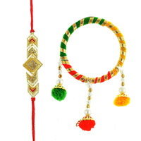 INDI ART RAKHI SET for BHAIYA and BHABHI JI || GOLDEN RAKHI with 3 TOPI KADA SET (Set of 2) - Prime