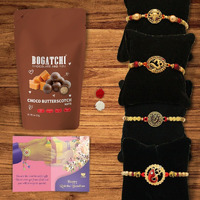 BOGATCHI Rakhi Combo - Rakhi Chocolates Free with Rakhi for Brother Set of 4 Unique Gold Plated Rakhi + Free Roli Chawal and Rakhi Story Card