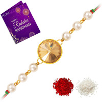 Peora Crystal Stone and Beads Rakhi for Brother with Raksha Bandhan Greeting Card & Roli Chawal For Men