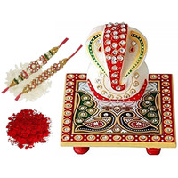 Purpledip Rakhi Hamper, Marble Chowki Ganesha, Set Of 2 Rakshabandhan Bracelets & Auspicious Roli Chawal Tika (rakhi1a)