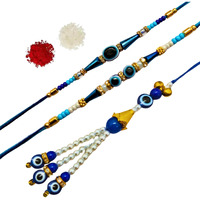 Alaukik Attractive Blue Evil Eye Rakhi Bracelet Set Of 3 For Bhaiya and Bhabhi