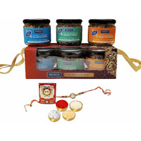 Keeros Healthy Rakshabandhan Gift Hamper (with Rakhi Roli Chandan Chawal Mishri) |Combo of Sweet & Salted, Tasty & Nutritious Super Snacks in Glass Jars in a Premium Gift Hamper for Brother