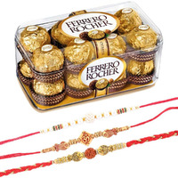 Set of 3 Rakhi with 16 Pieces Ferrero Rocher | Ferrero Rocher Chocolate for Brother | 16 Pieces Ferrero Rocher Chocolate Hamper | Roli, Chawal, Chandan, Misri | 039