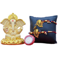 Gold Art India Ganesha & Free Rakhi Gift for Brother Rakhi Combo Set for Bhaiya and Lumba for Bhabhi with Roli and chawal, Silver Plated Coin,Greeting Card, Bhaiya Bhabhi Rakhi