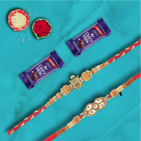 SFU E Com Premium Designer Set of 2 Rakhi with 2 Pieces Cadbury Dairy Milk Chocolate, Gift for Brother, Roli, Chawal, Chandan, Misri, 5