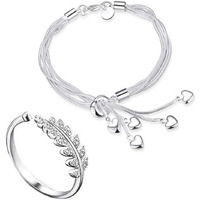 University Trendz Rakshabandhan Rakhi Gift for Girls and Women, Silver Heart Charm Bracelet and Leaf Ring with Crystal