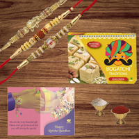 BOGATCHI Rakhi with Sweets for Brother, Traditional Soan Papdi, 400gm with 3 Rakhi + Roli Chawal + Free Rakhi Story Card