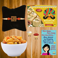 BOGATCHI Complete Rakhi Gift Hamper Sweets and Dry Fruits, Best Gift for Brother, Traditional Soan Papdi(250g) & Natural Raisins (100g) + Free Rakhi Greeting Card + Free Rakhi + Roli Chawal