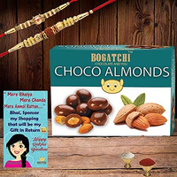 BOGATCHI Rakhi Sweet Chocolate Gift Pack for Brother, Chocolate Coated Almonds, 100g + Free Rakhi Greeting Card + Free Rakhi + Roli Chawal