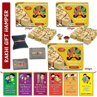 BOGATCHI Rakhi Combo with Sweets, 3 Traditional Soan Papdi 250g + 3 Rakhi + Roli Chawal + Free Rakhi Greeting Card