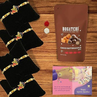 BOGATCHI Rakhi Chocolates Free with Set of 4 Designed Gold Plated Rakhi for Brother + Free roli chawal and Rakhi Cards