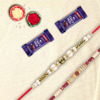 SFU E Com Premium Designer Set of 2 Rakhi with 2 Pieces Cadbury Dairy Milk Chocolate | Rakhi Chocolate Gift for Brother | Roli, Chawal, Chandan, Misri | 5