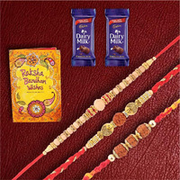 SFU E Com Premium Designer Set of 3 Rakhi with 2 Pieces Cadbury Dairy Milk Chocolate | Rakhi Chocolate Gift for Brother | Roli, Chawal, Chandan, Misri | 3