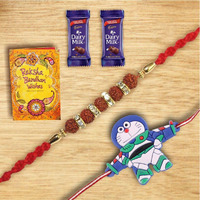 SFU E Com Premium Designer Set of 2 Rakhi & Greeting Card with 2 Pieces Cadbury Dairy Milk Chocolate, Roli, Chawal, Chandan, Misri