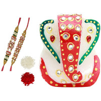 Purpledip Rakshabandhan Set: Small Ganesha Marble Statue, 2 Designer Rakhi, Roli Chawal Tika (rakhi78a)