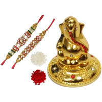 Purpledip Rakhi Gift Set: Golden Ganesha Statue with Glittering Gems, 2 Designer Rakshabandhan Bracelets, Roli Chawal Tika (rakhi66)