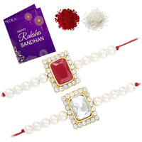 Peora Mens Thread Beautiful Kundan Beads Raksha Bandhan Rakhi with Chawal Roli Greeting Card (Combo, Pack of 2)