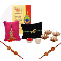 Collectible India Brass Kamal Diya Oil Lamp with Rakhi Combo Set - Raksha Bandhan Gift Set - Rakhi For Brother Bhaiya Bhabi Kids/Special Greeting Card/Krishna Rakhi/Lumba Rakhi for Bhabhi/Roli Chandan Set