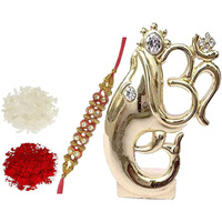 Purpledip Rakshabandhan Hamper for Brother: Om-Ganesha Statuette, Designer Rakhi & Auspicious Roli Chawal Tika (rakhi62b)