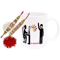 Purpledip Rakhi Hamper: E-wishes Ceramic Mug, 2 Designer Rakhi & Roli Chawal (rakhi64a)